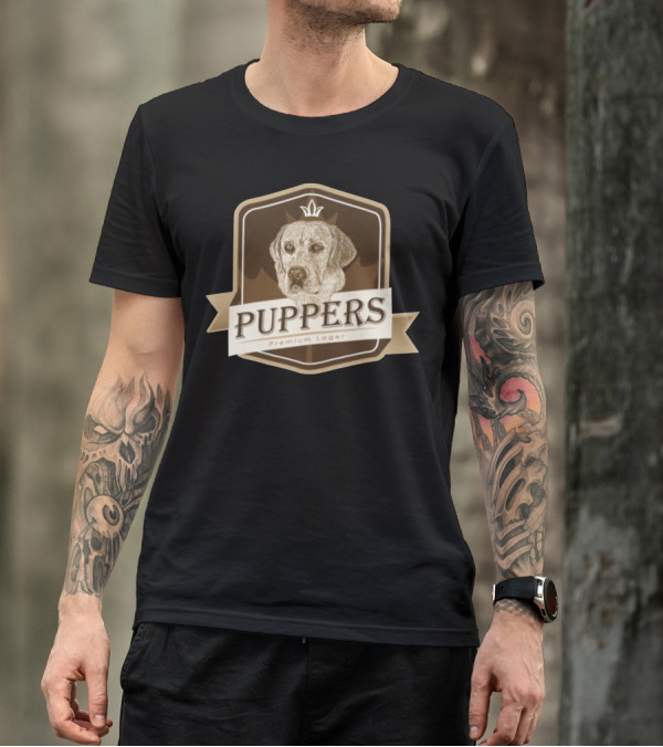 Puppers Premium Lager Beer Label Design Featuring Dog T-Shirt