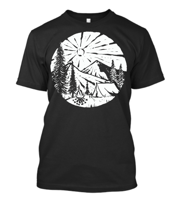 Camping By The Mountains With Pine Trees And Bonfire Under The Sun T-Shirt