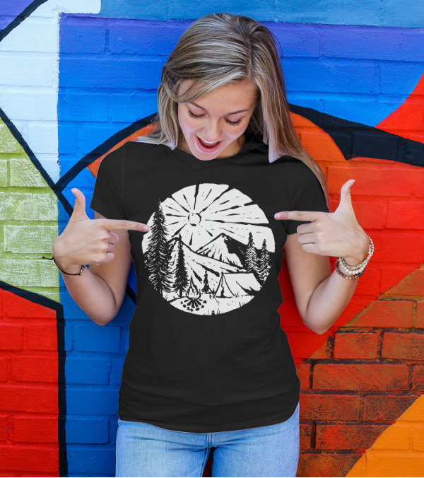 Camping By The Mountains With Pine Trees And Bonfire Under The Sun T-Shirt