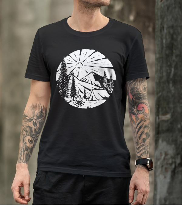 Camping By The Mountains With Pine Trees And Bonfire Under The Sun T-Shirt