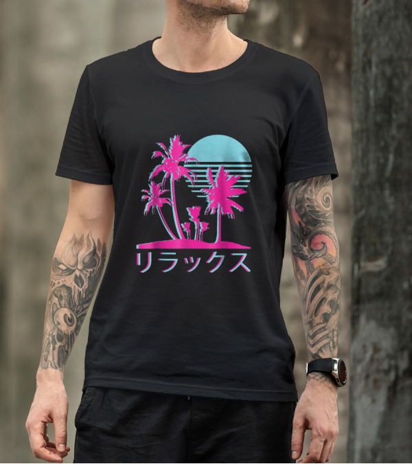 Retro 1980S 1990S Otaku Palm Trees Neon Sunset Vaporwave Aesthetic T-Shirt
