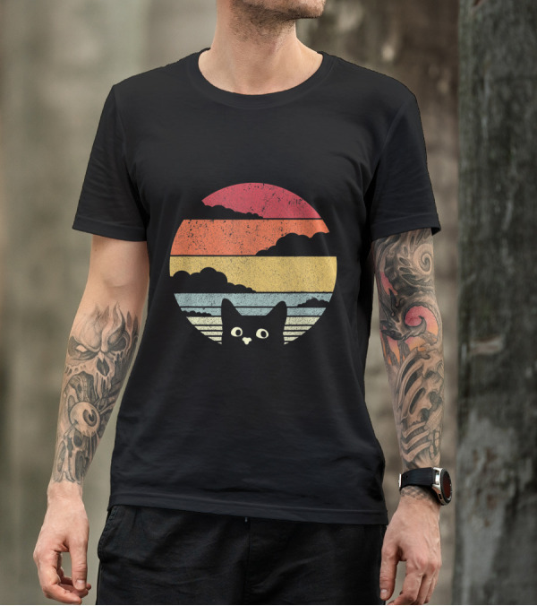 Retro Cat Sunset Stripes T-Shirt
