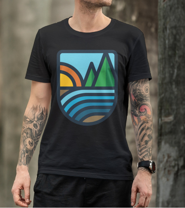 River Bold Sunset Mountain Willow River Badge T-Shirt