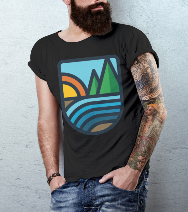 River Bold Sunset Mountain Willow River Badge T-Shirt