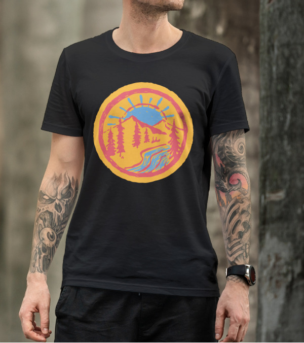 Sunrise Over Mountain River With Pines In Vibrant Colors T-Shirt