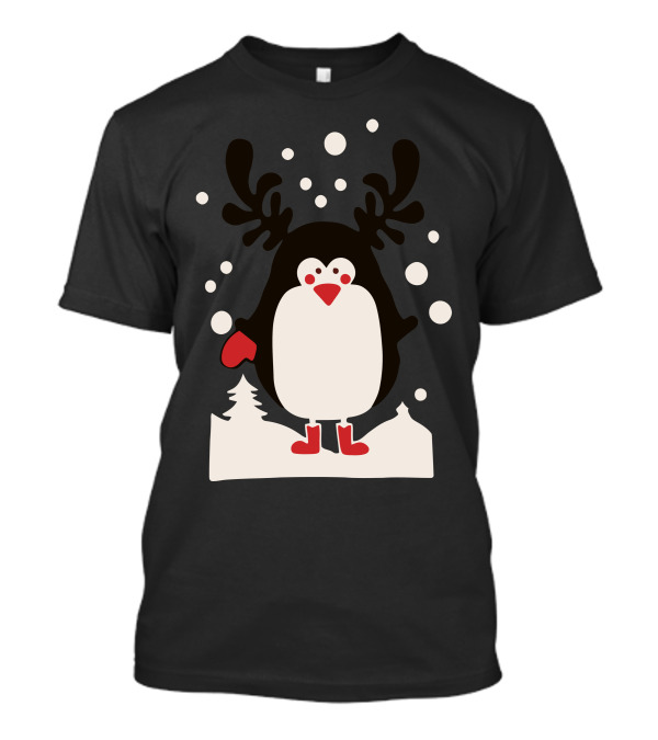 Santa Reindeer Penguin Snowy Scene T-Shirt