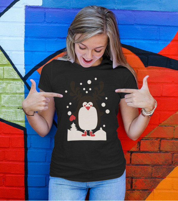 Santa Reindeer Penguin Snowy Scene T-Shirt