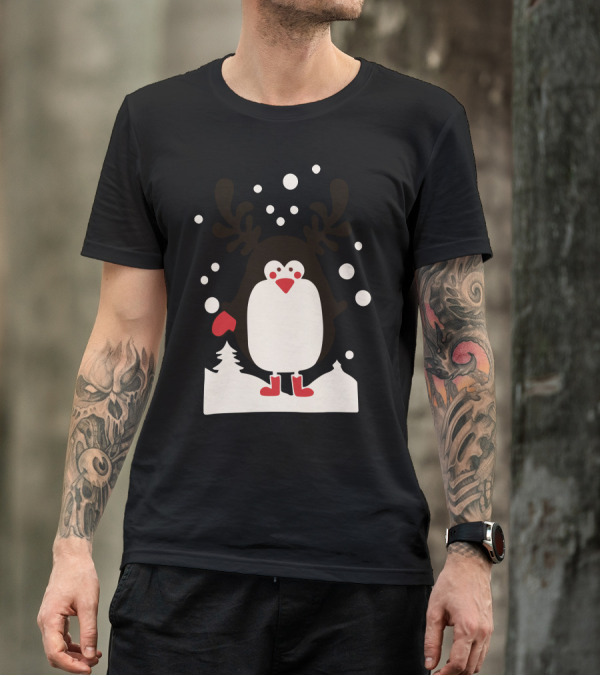 Santa Reindeer Penguin Snowy Scene T-Shirt