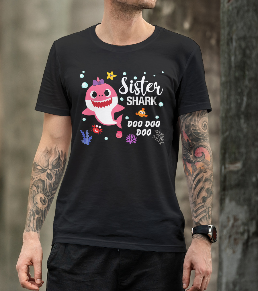 Sister Shark Doo Doo Doo Cute Pink Cartoon With Sea Creatures T-Shirt