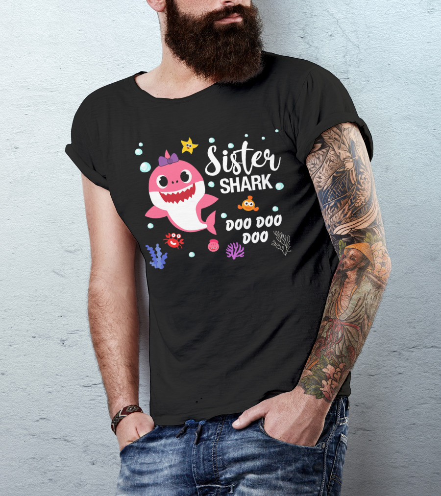Sister Shark Doo Doo Doo Cute Pink Cartoon With Sea Creatures T-Shirt