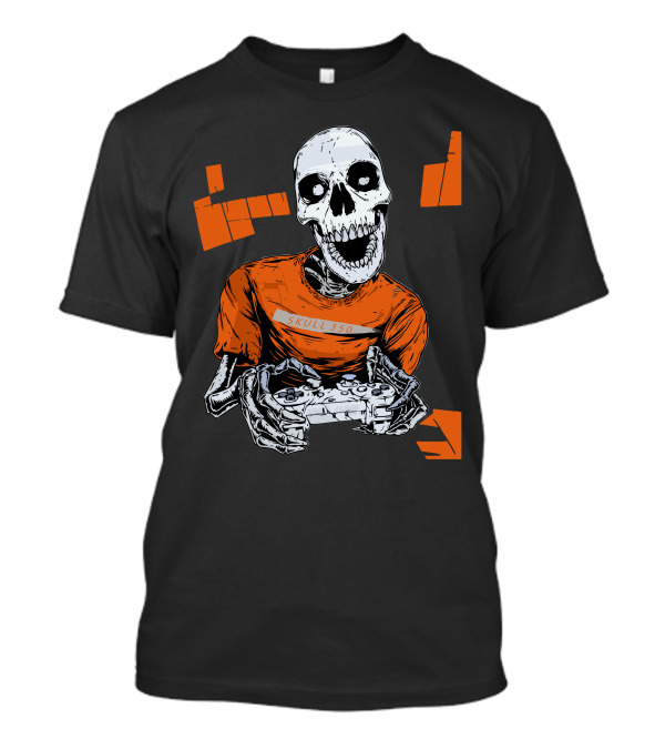 SKULL 350 Gamer Skeleton With Controller And Orange Blocks T-Shirt