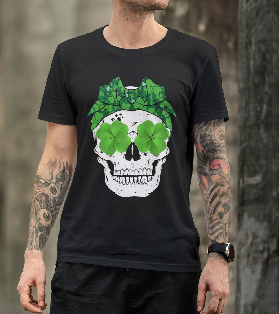 Skull Clover Shamrock Bow Tie T-Shirt
