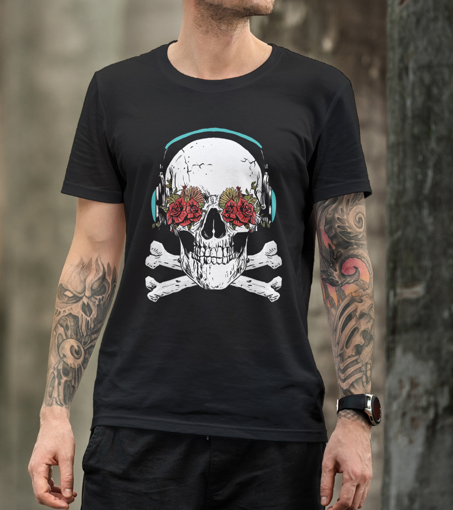 Skull Headphones With Roses And Crossbones T-Shirt