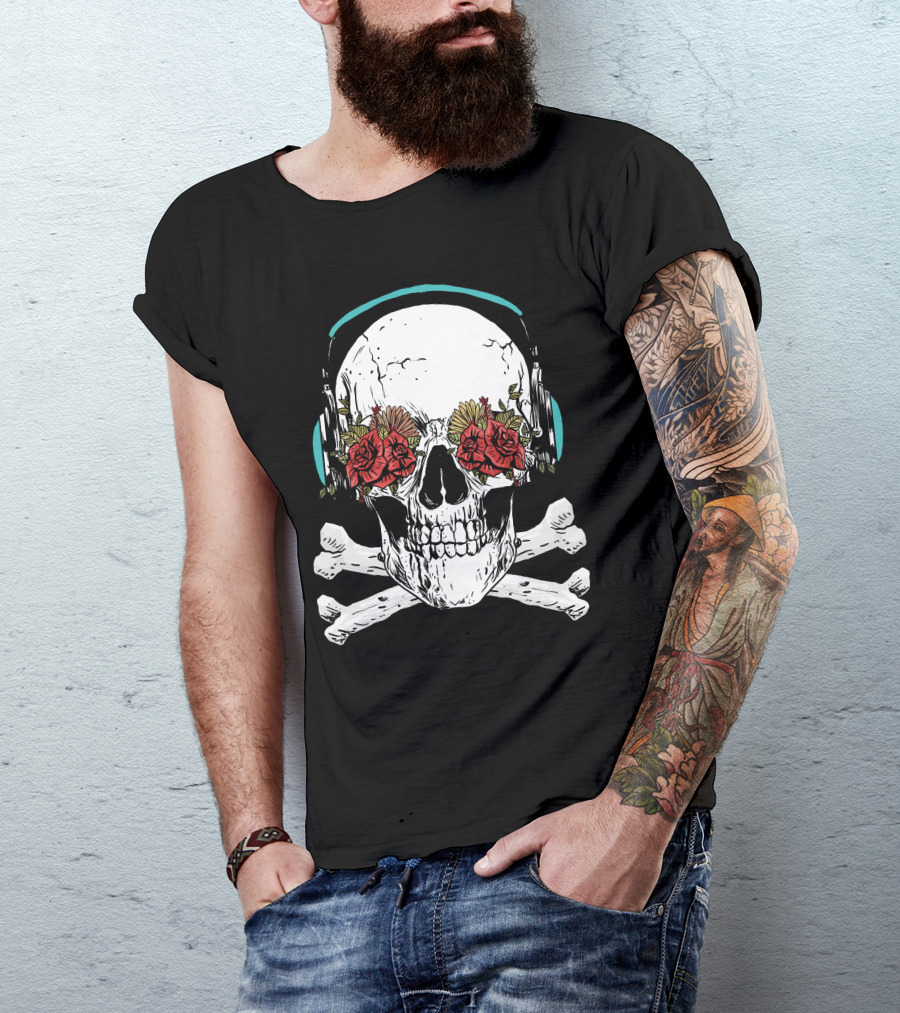 Skull Headphones With Roses And Crossbones T-Shirt
