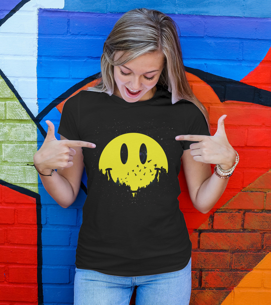 Smiley Planet Silhouette Forest And Birds In Night Sky T-Shirt