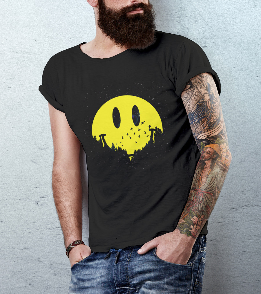 Smiley Planet Silhouette Forest And Birds In Night Sky T-Shirt