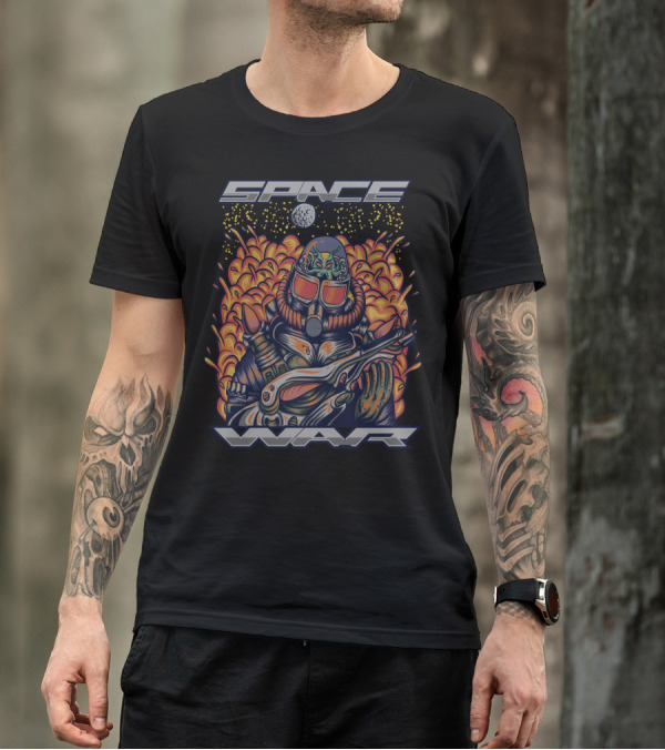 SPACE WAR ALIEN PILOT IN FLAMING COSMIC BATTLE SCENE T-Shirt