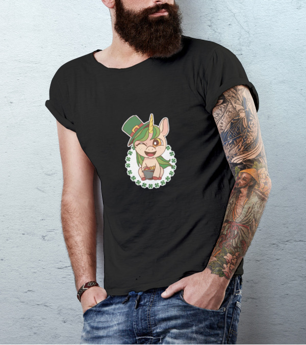 St Patricks Day Unicorn With Leprechaun Hat And Shamrock Border T-Shirt