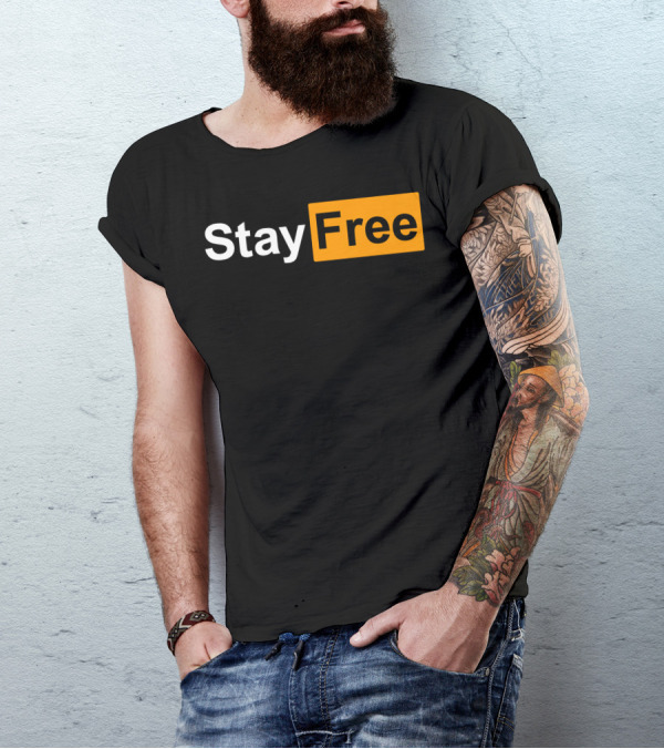 Stay Free Bold Text On Black And Orange Background T-Shirt