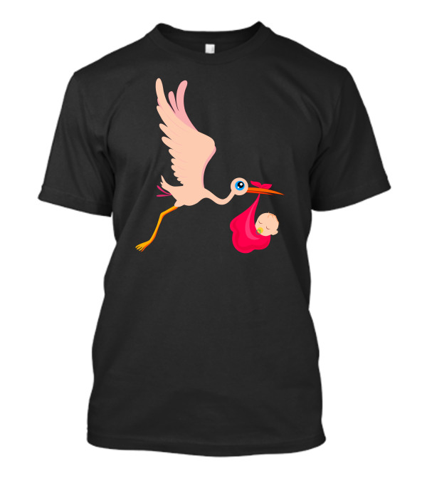 Stork Carrying Baby In Pink Blanket T-Shirt