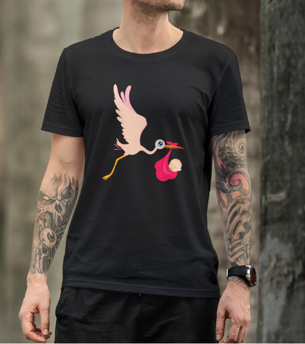 Stork Carrying Baby In Pink Blanket T-Shirt