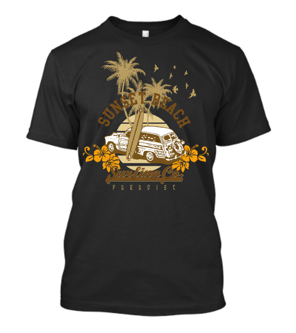 Sunset Beach Surfing Co Paradise Vintage Surf Van And Hibiscus Palm Island Scene T-Shirt