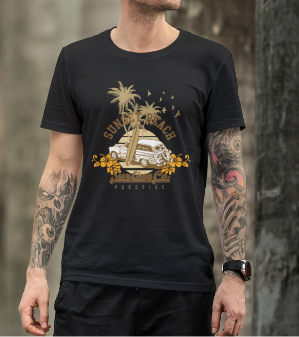 Sunset Beach Surfing Co Paradise Vintage Surf Van And Hibiscus Palm Island Scene T-Shirt