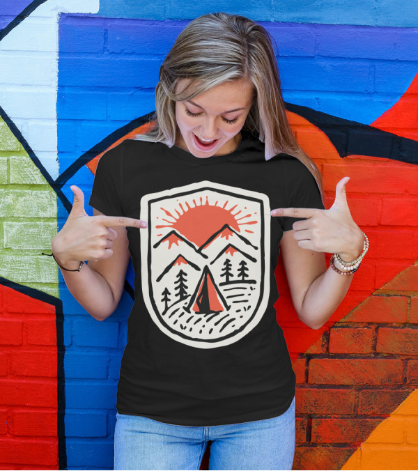 Sunset Camp Hand Drawn Mountain Tent Badge T-Shirt