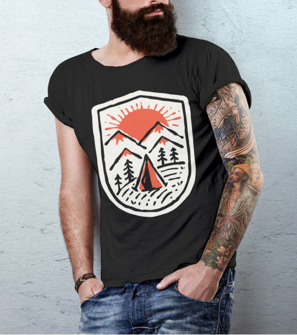 Sunset Camp Hand Drawn Mountain Tent Badge T-Shirt