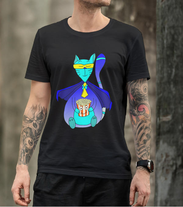 Superhero Cat With Popcorn In Blue Cape And Mask T-Shirt