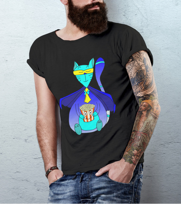 Superhero Cat With Popcorn In Blue Cape And Mask T-Shirt