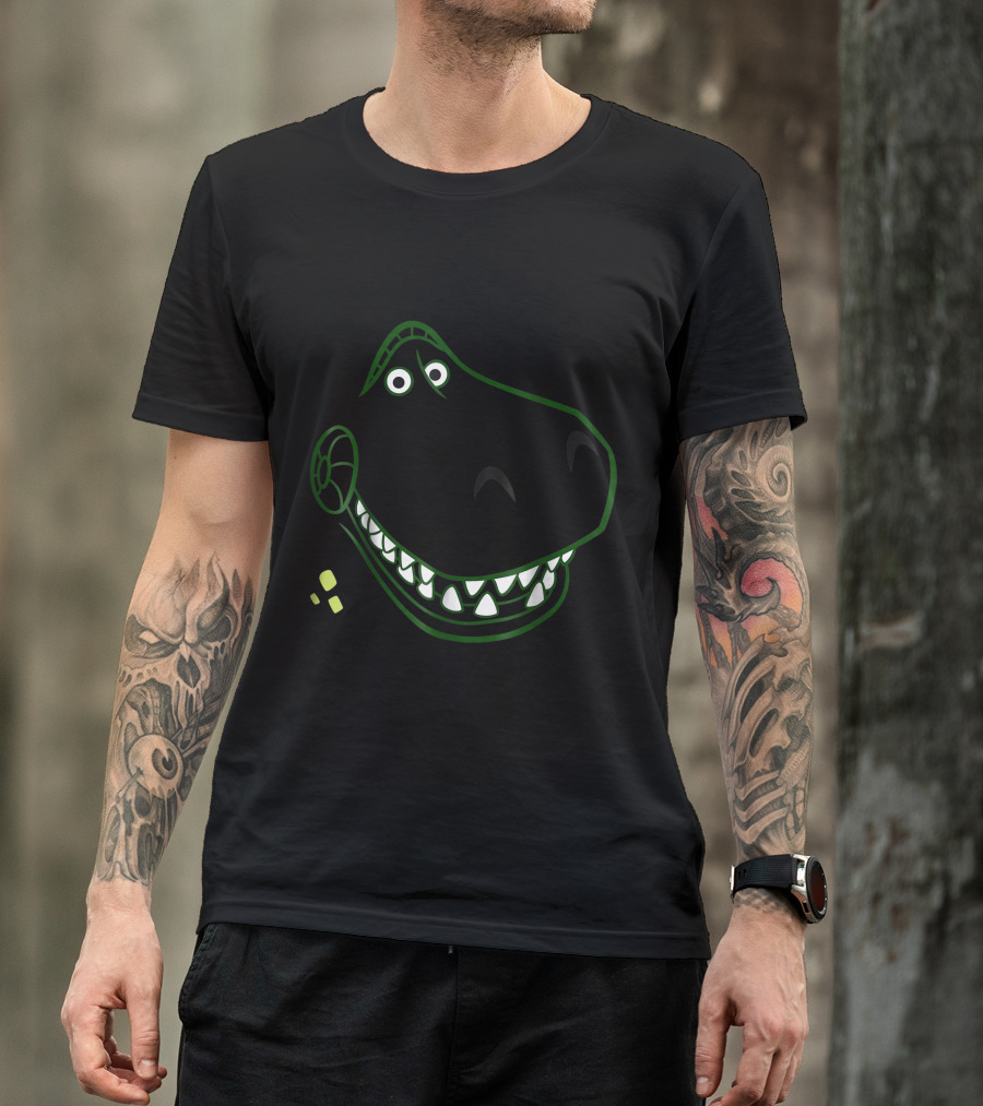 T Rex Dinosaur Green Outline Cartoon Face T-Shirt