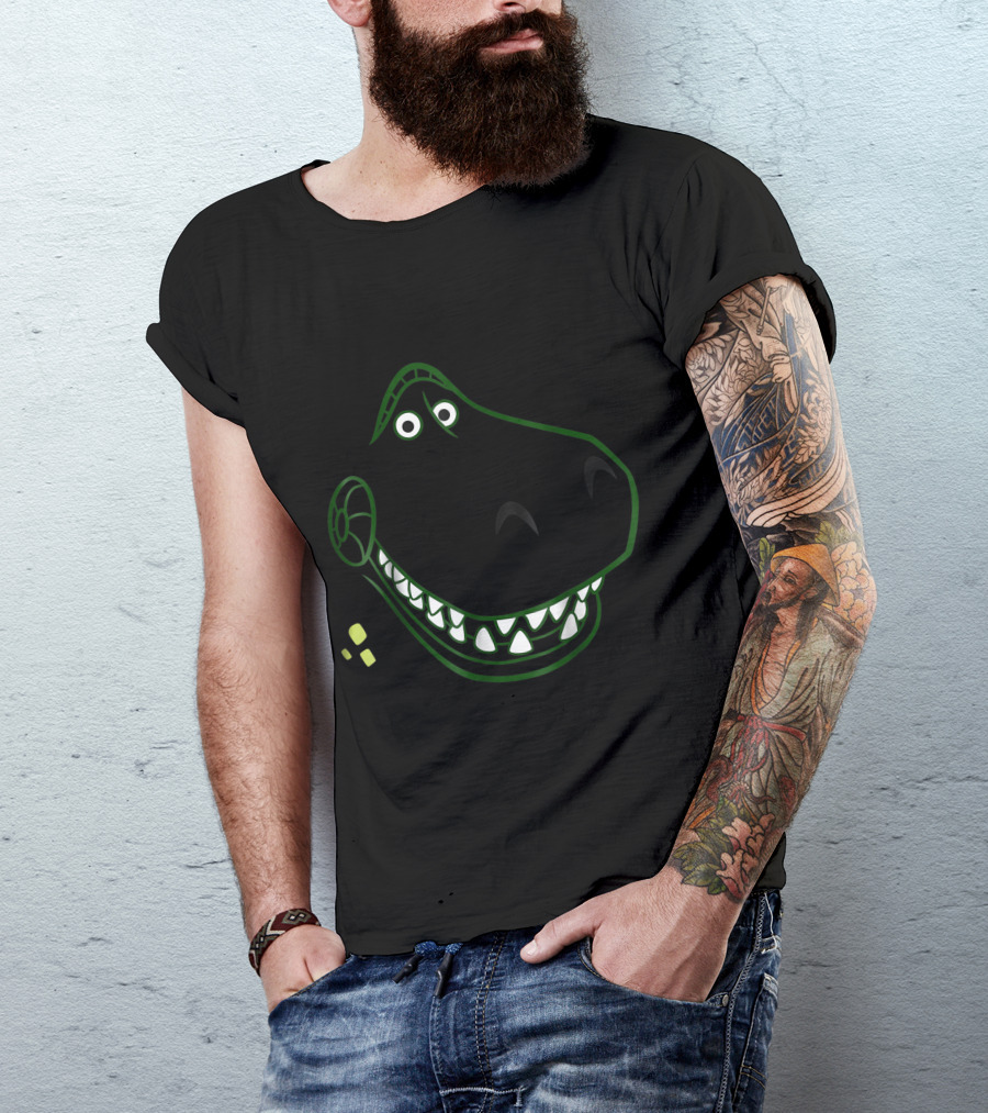 T Rex Dinosaur Green Outline Cartoon Face T-Shirt