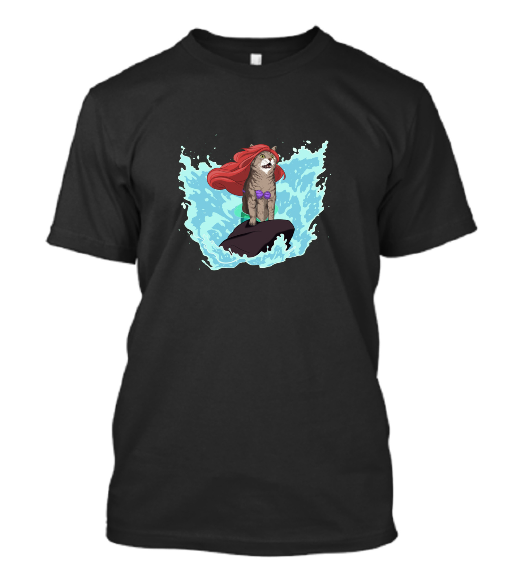 The Little Purrmaid Cat As Mermaid With Ariel's Red Hair And Splashing Ocean Waves T-Shirt