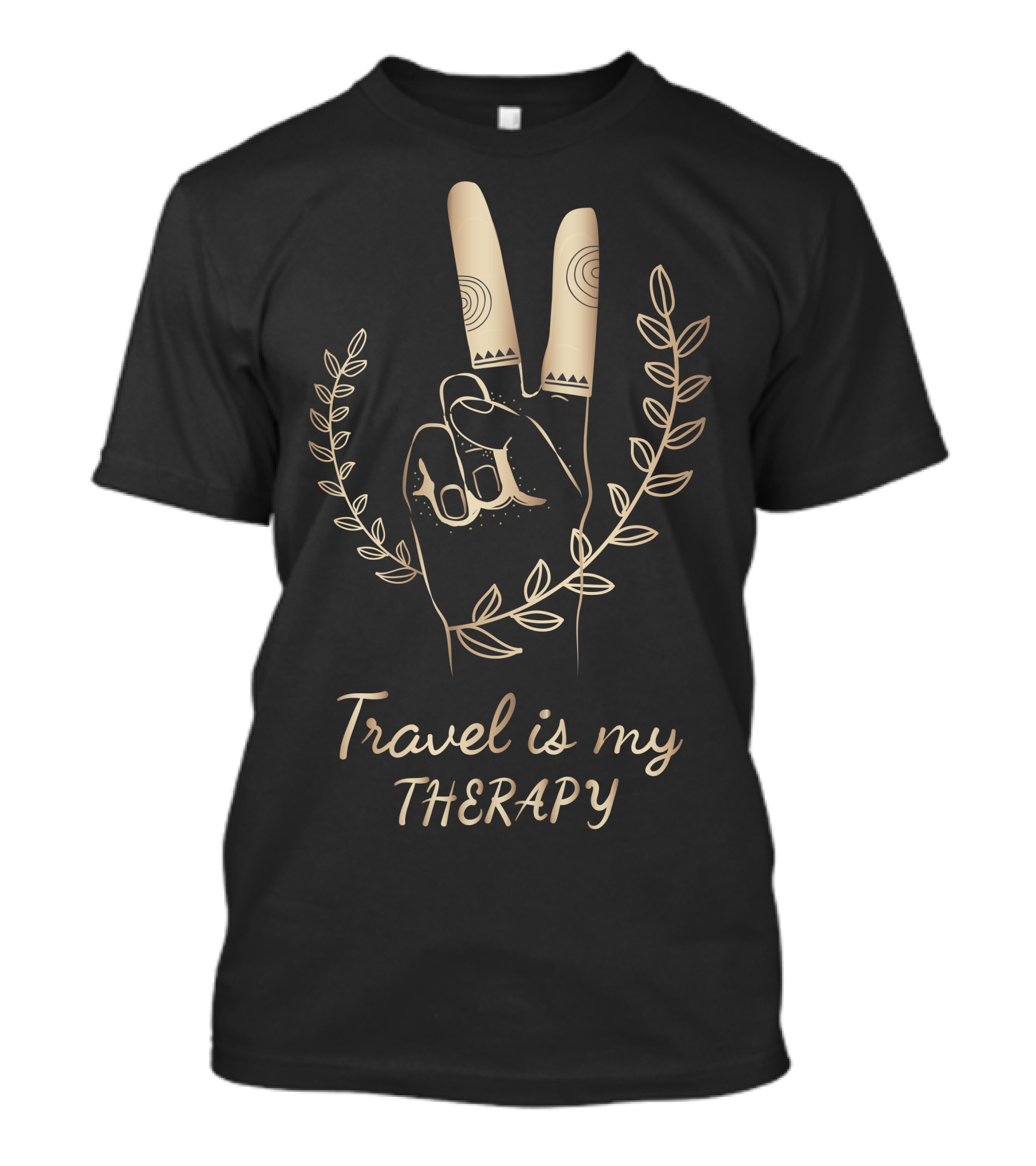 Travel Is My Therapy Peace Hand Sign Laurel Leaves T-Shirt