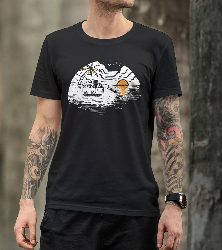 Van Beach Sunset With Camper And Palm Trees T-Shirt