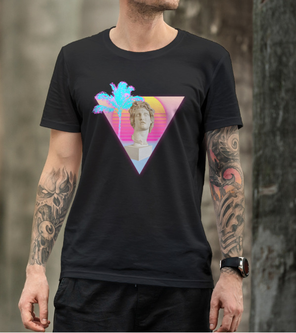 Vaporwavey Greek Statue Palm Tree Sunset Aesthetic T-Shirt