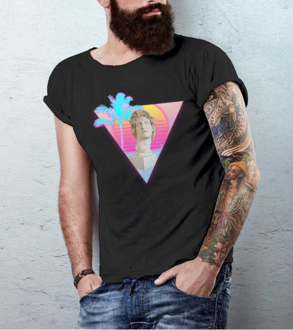 Vaporwavey Greek Statue Palm Tree Sunset Aesthetic T-Shirt