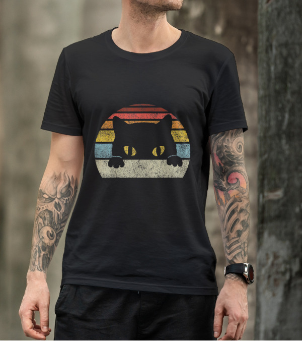 Vintage Retro Black Cat With Striped Sunset T-Shirt