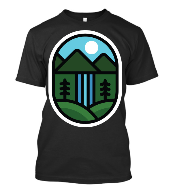 Mountains Waterfall Landscape With Pine Trees And Sun In Oval Shape T-Shirt
