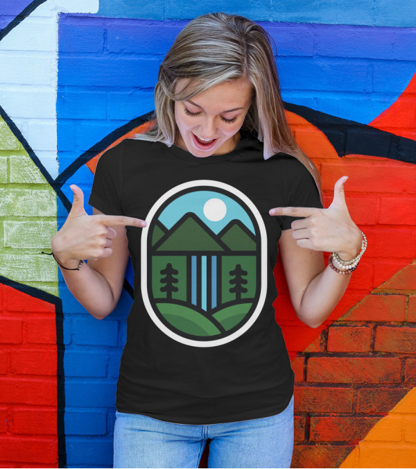 Mountains Waterfall Landscape With Pine Trees And Sun In Oval Shape T-Shirt