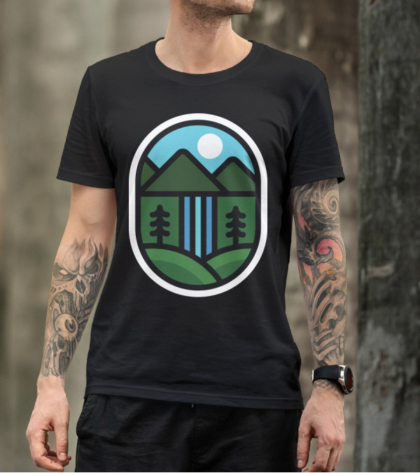Mountains Waterfall Landscape With Pine Trees And Sun In Oval Shape T-Shirt