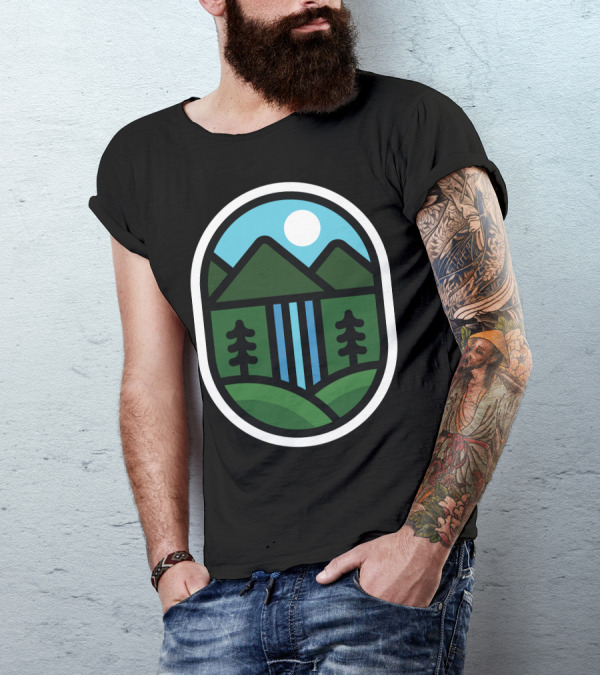 Mountains Waterfall Landscape With Pine Trees And Sun In Oval Shape T-Shirt