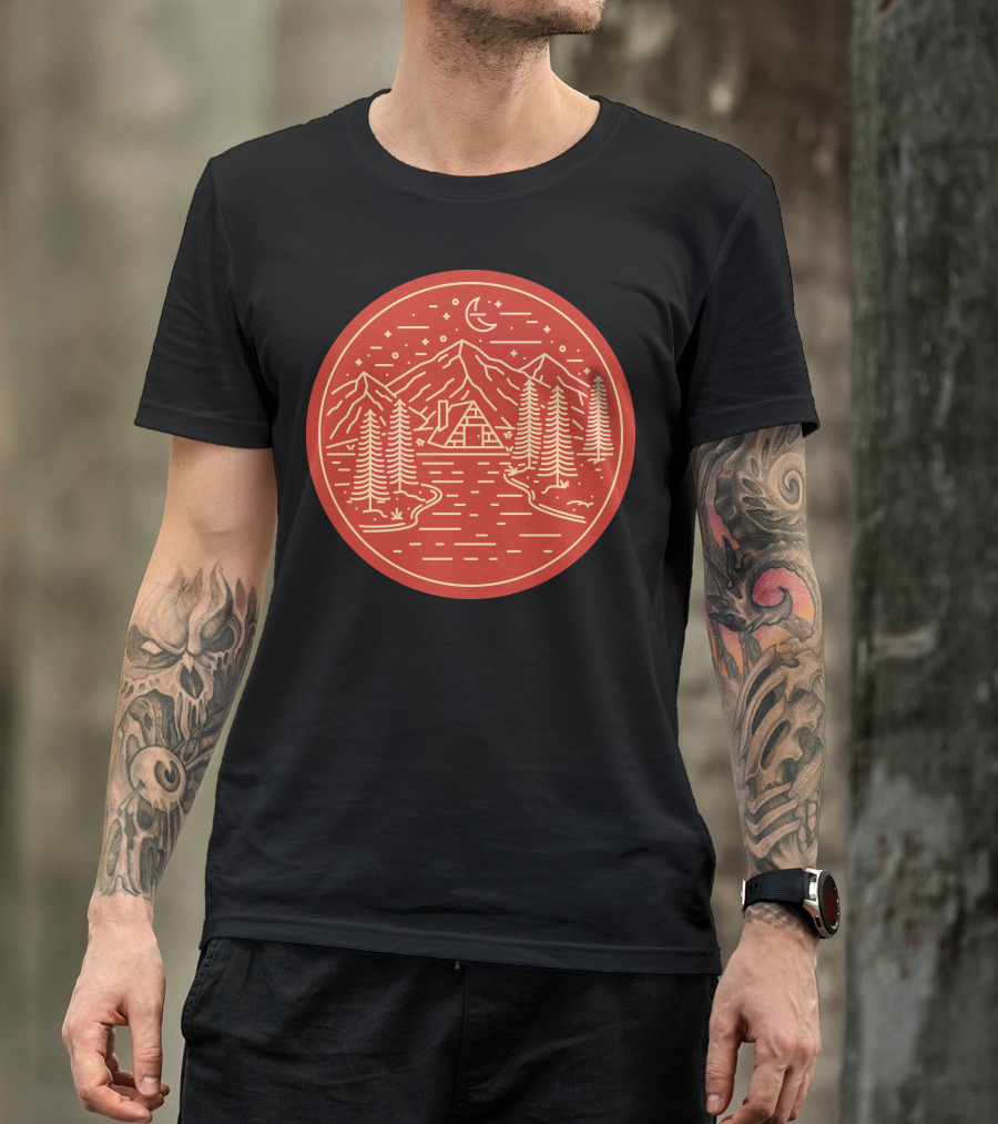 Cabin Under Stars With Mountains And Pine Trees Wild Home T-Shirt