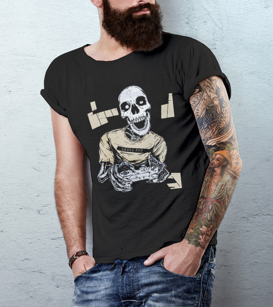 SKULL 350 Core Black White Gamer Skeleton Controller T-Shirt