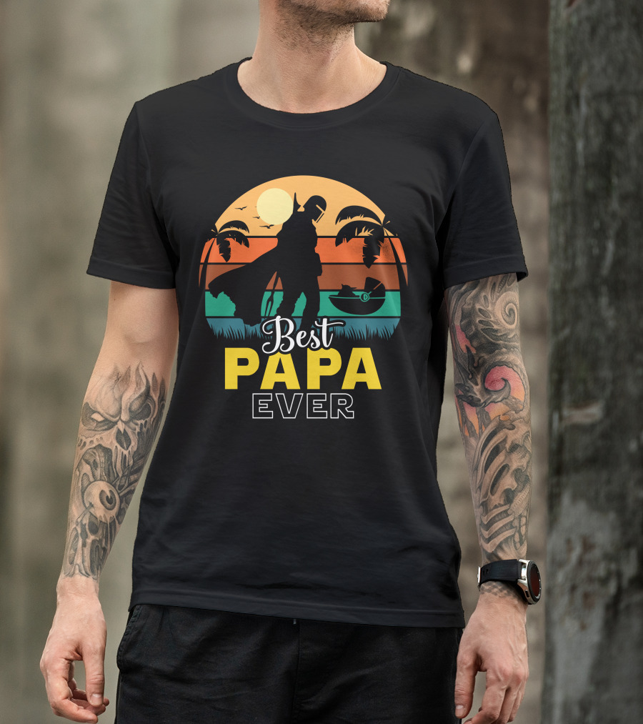 Best Papa Ever Mandalorian Sunset Silhouette With Baby Yoda T-Shirt