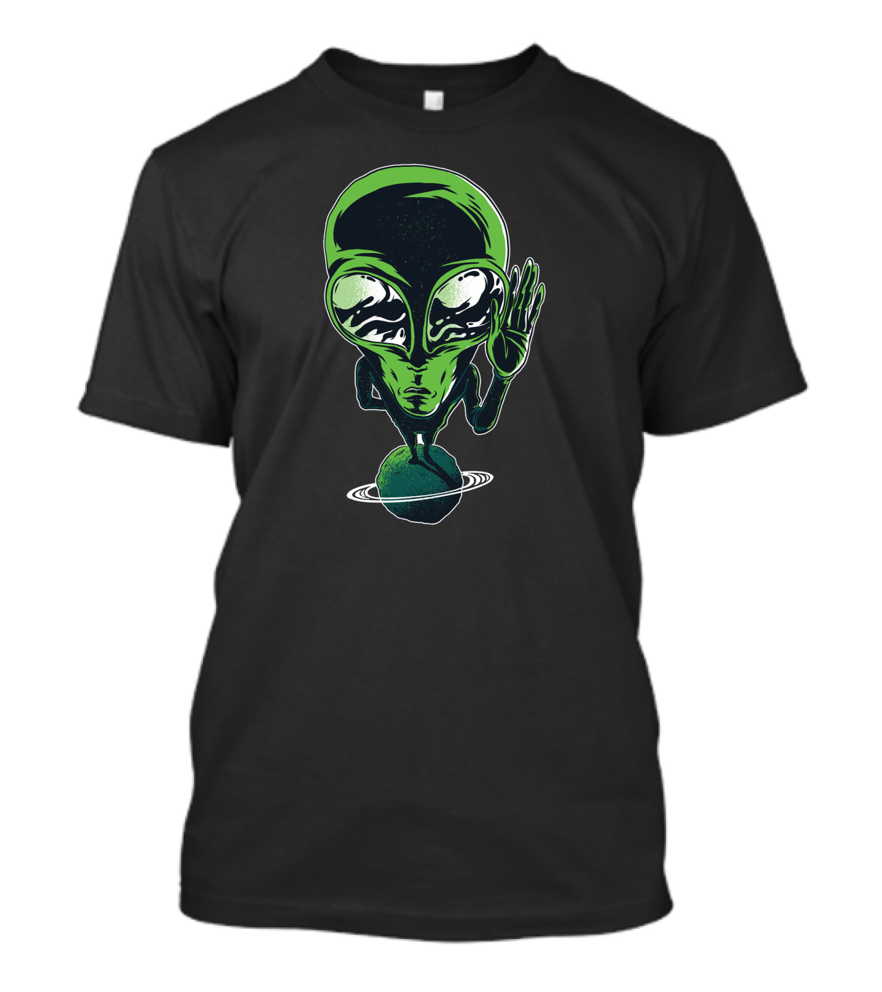 Alien With Big Eyes Standing On A Ringed Planet T-Shirt