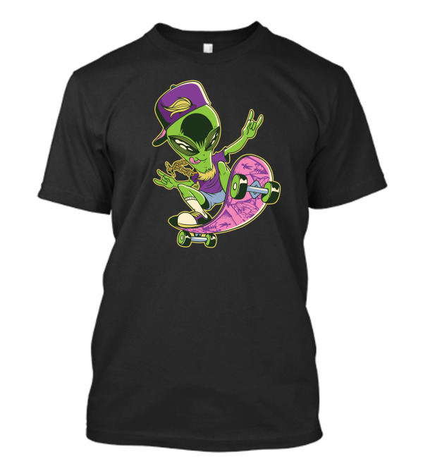 Alien Skater Skateboarding In Purple Cap And Sneakers T-Shirt
