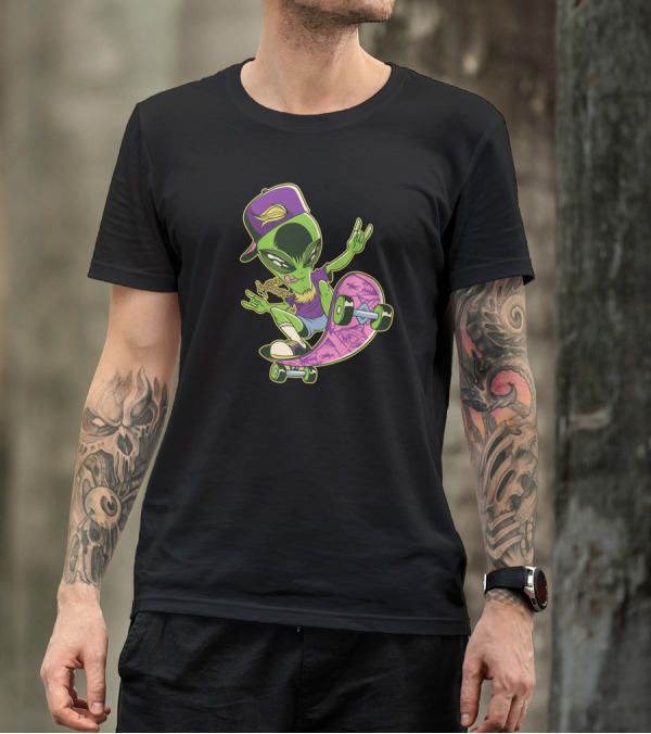Alien Skater Skateboarding In Purple Cap And Sneakers T-Shirt