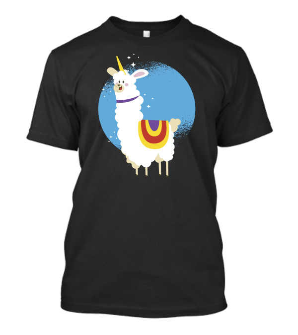Alpaca Unicorn In Starry Blue Circle With Rainbow Blanket T-Shirt